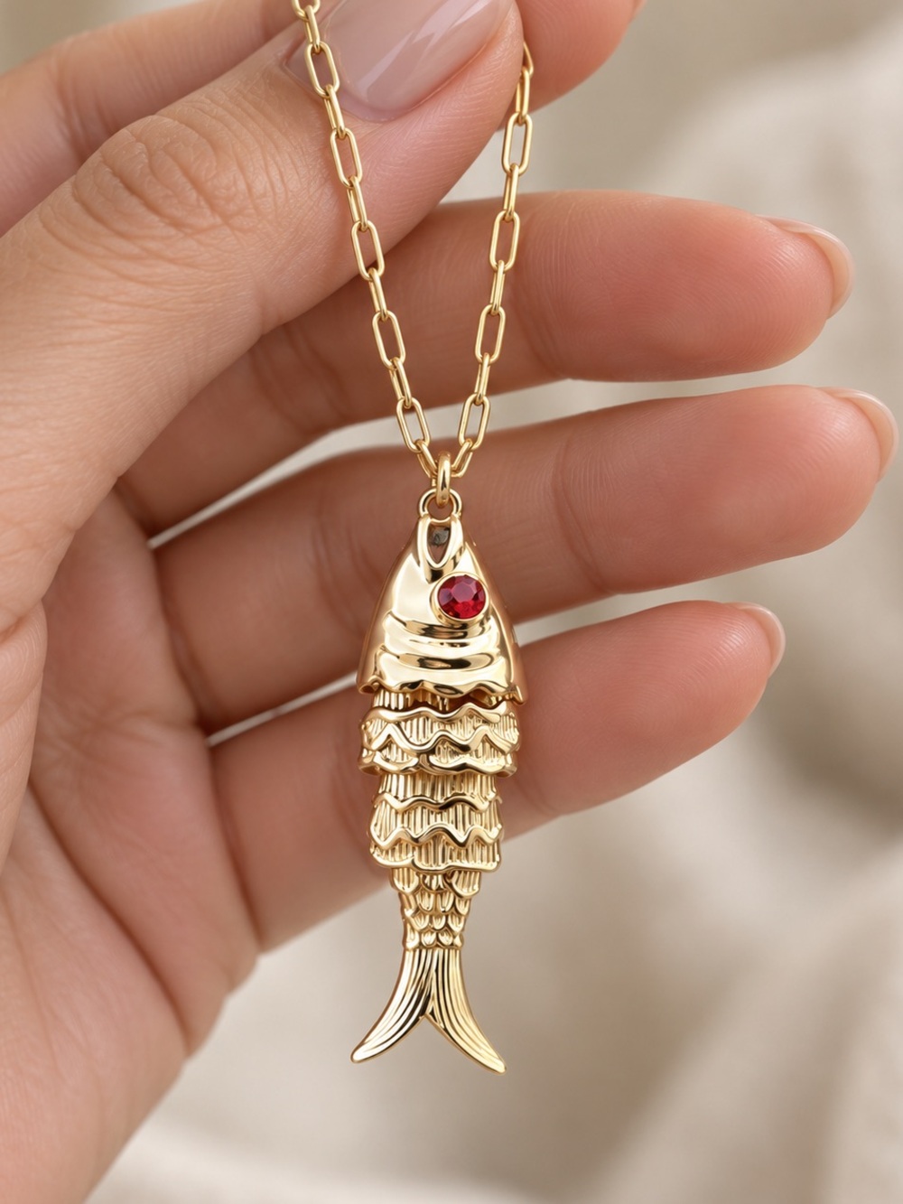 Fish Pendant Necklace with Red Gem Trendy Jewelry